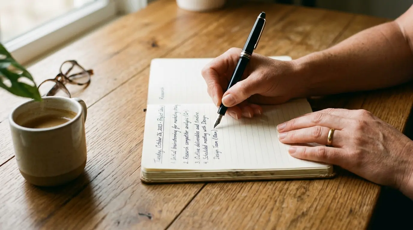 adult improving handwriting with pen and notebook