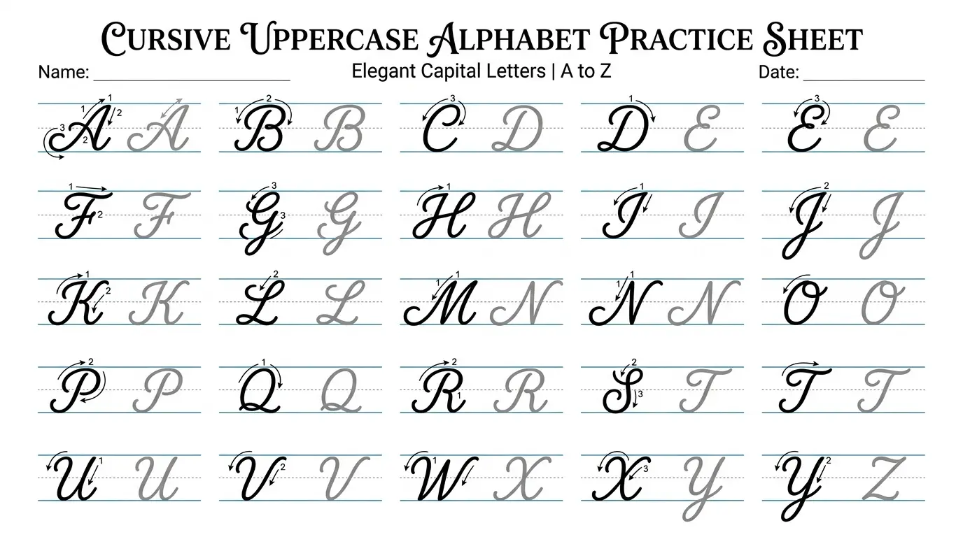cursive uppercase alphabet practice sheet A to Z printable