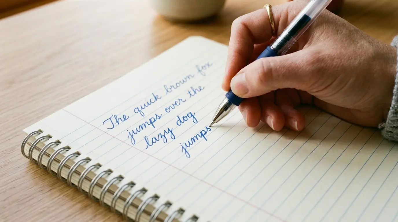 person practicing cursive handwriting with practice sheets