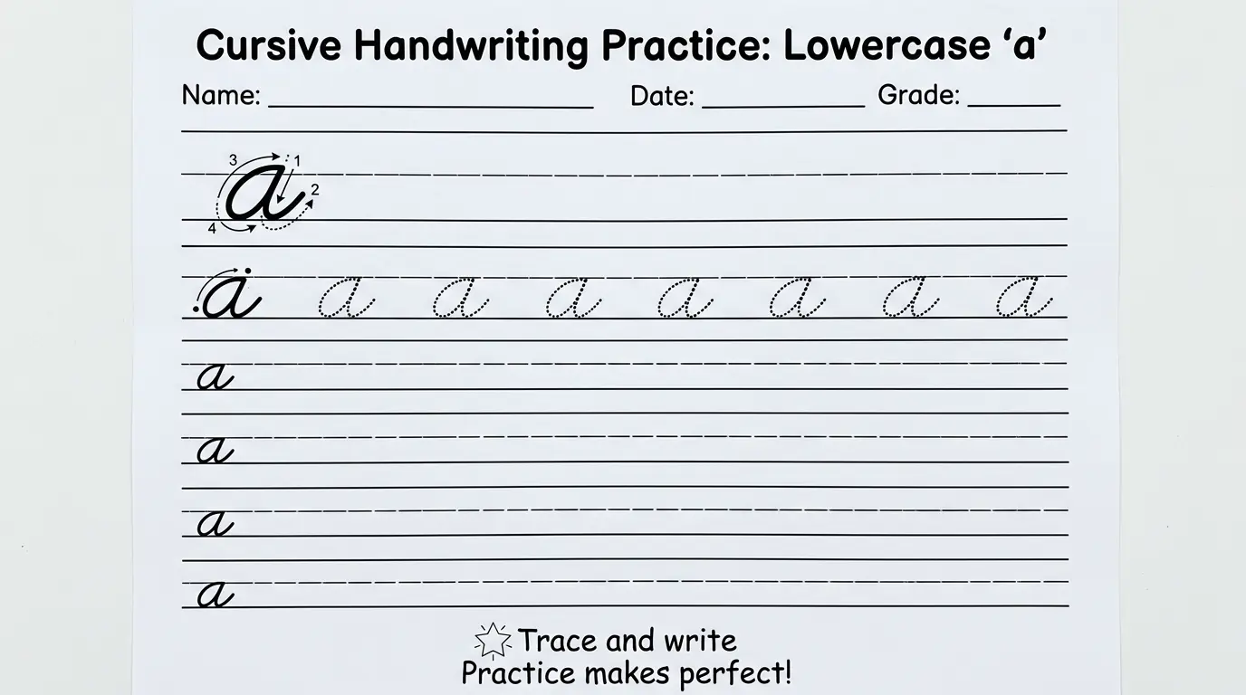 cursive handwriting practice sheet for beginners letter a