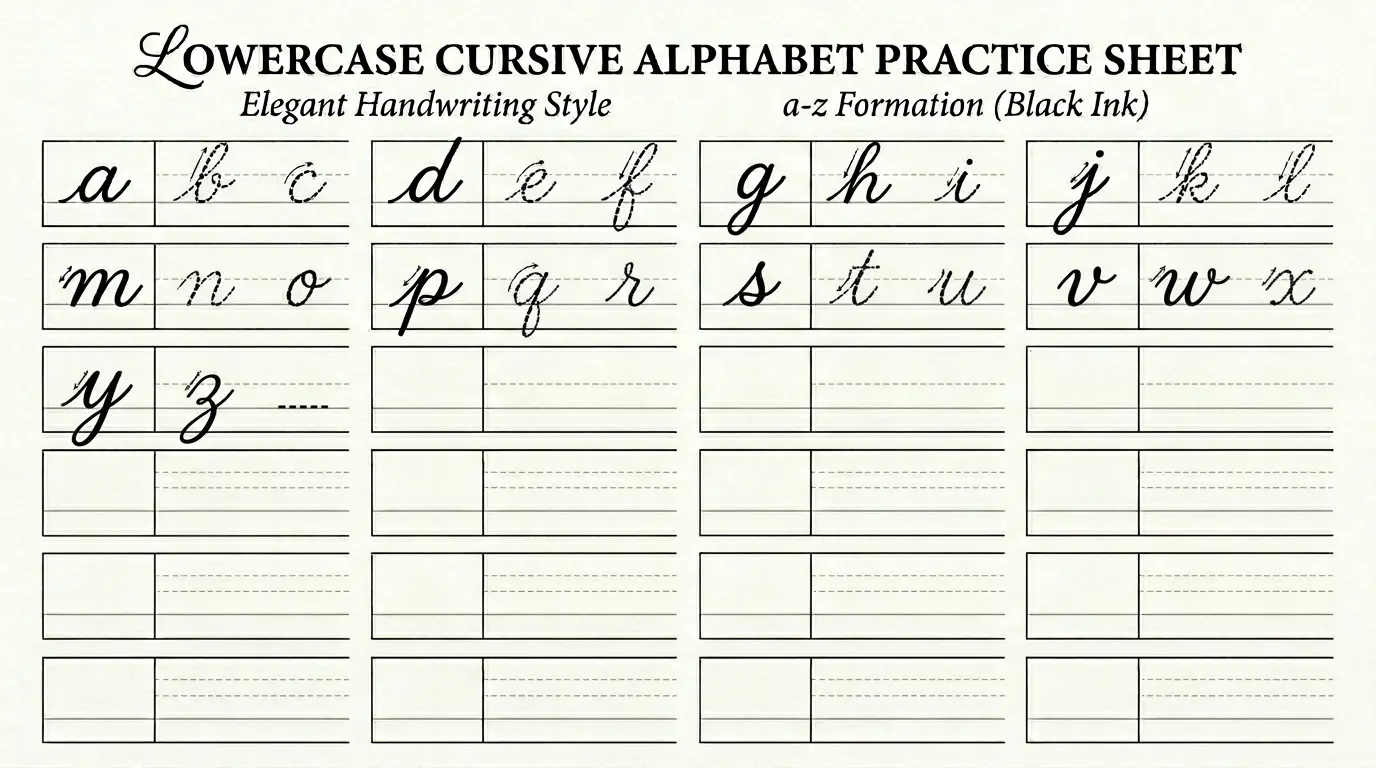 complete cursive alphabet practice sheet lowercase a to z
